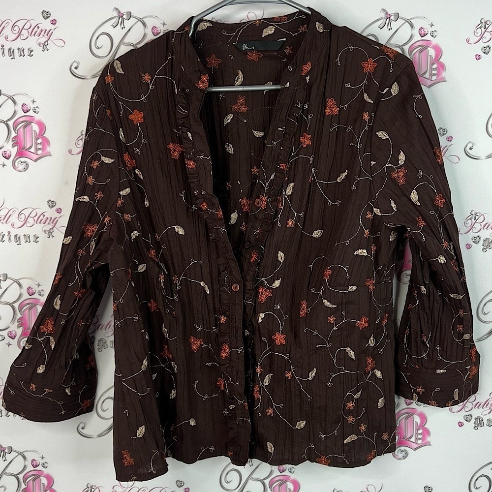 BHS blouse long sleeve embroidered flowers floral Chic Floral Brown Blouse